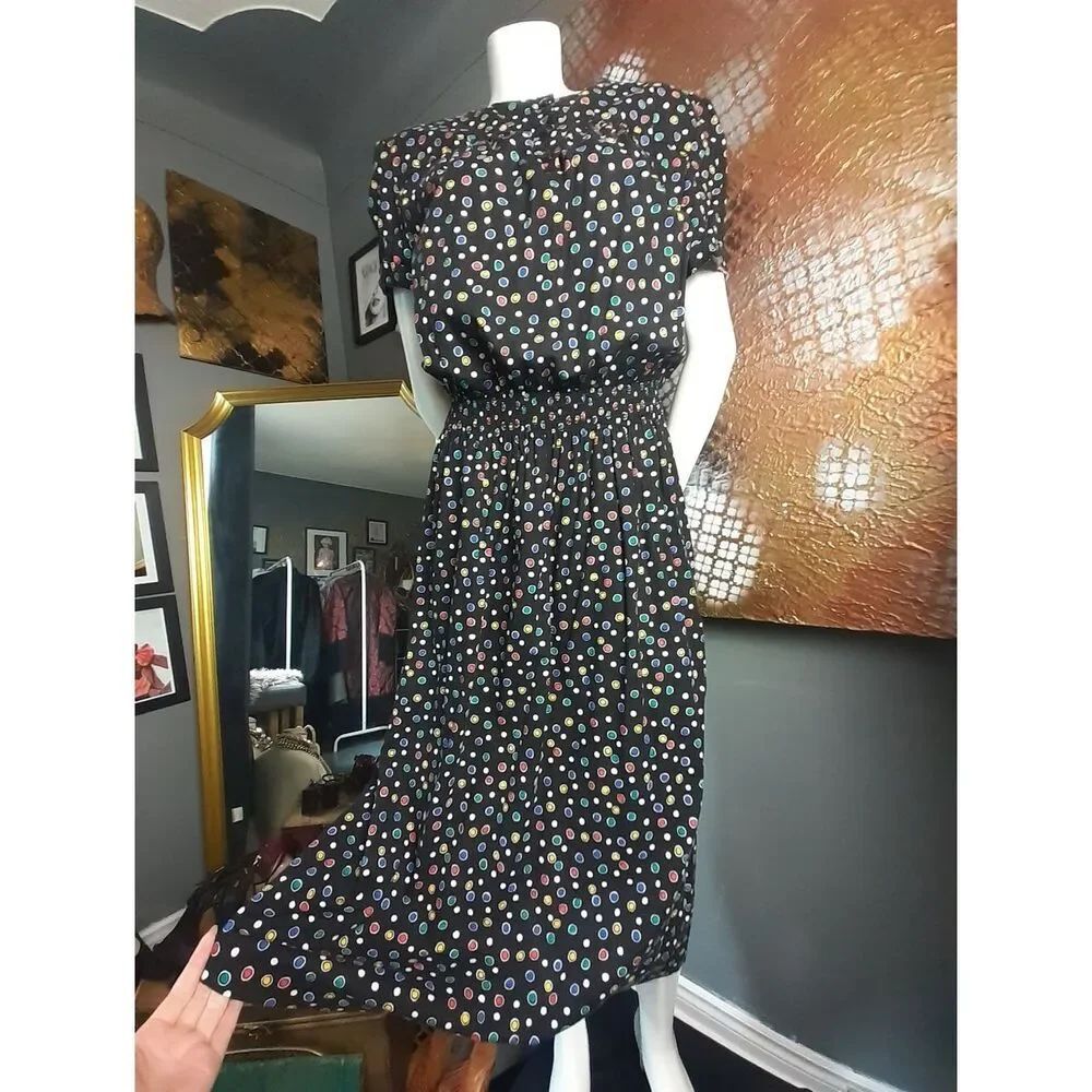 Vintage 1980s Black Polka Dot Midi Dress with Multicolor Dots